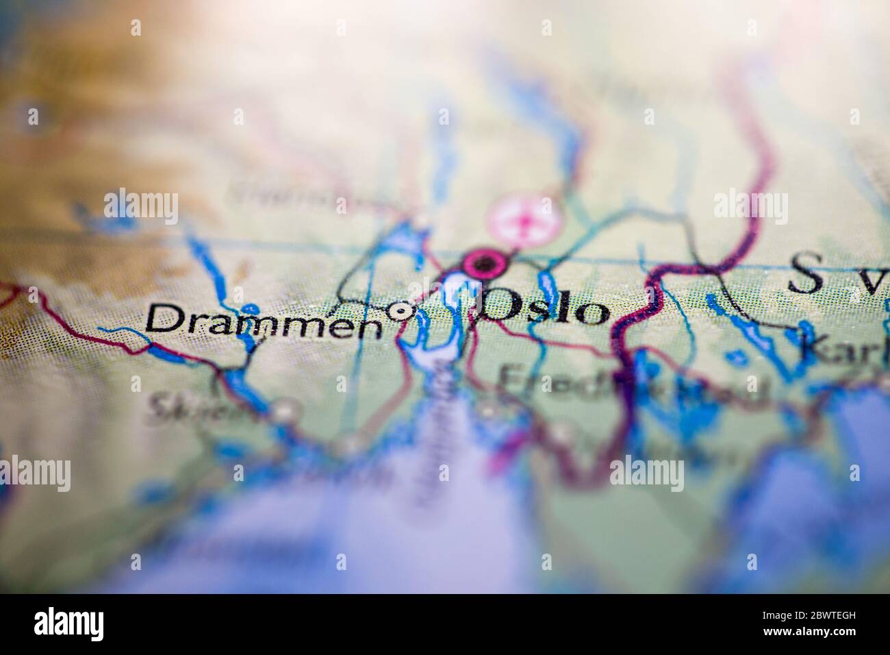 Shallow depth of field focus on geographical map location of Oslo city  Norway Scandinavia Europe continent on atlas Stock Photo - Alamy