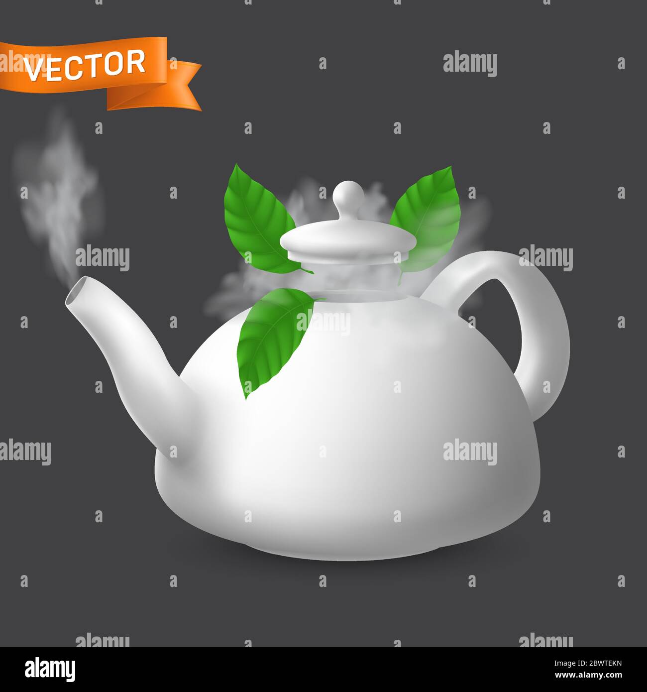 Boiling porcelain teapot with mint leaves. Vector realistic