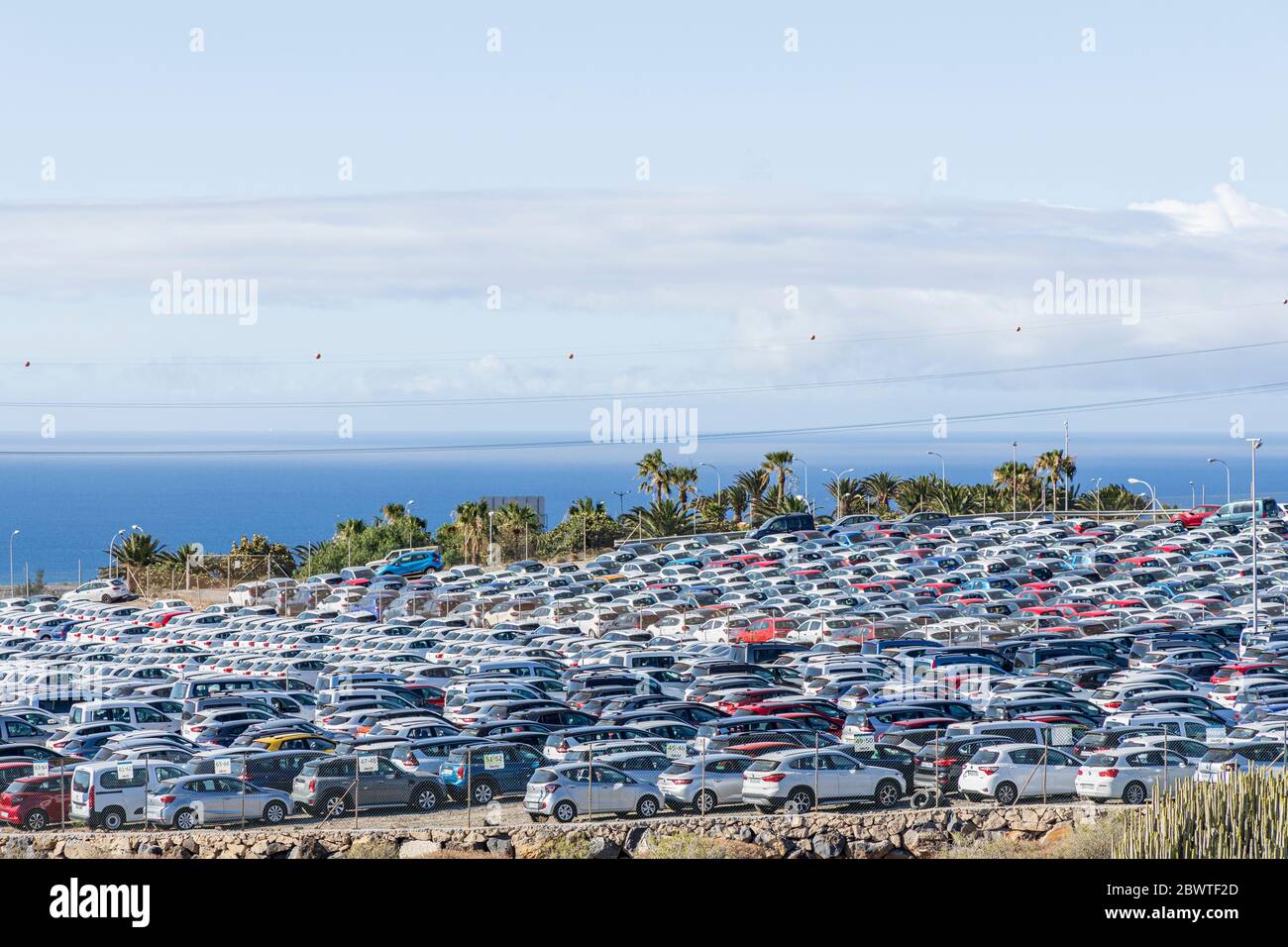 Thousands of unused hire cars are parked up in temporary storage due to the effects of zero tourism and no holidaymakers coming to the island. The rental cars sit gathering dust waiting until tourists are allowed back in. It's hoped that the covid 19, corona virus lockdown will be fully lifted by the end of June and international flights will return. Tenerife, Canary Islands, Spain. 3rd June, 2020. Stock Photo