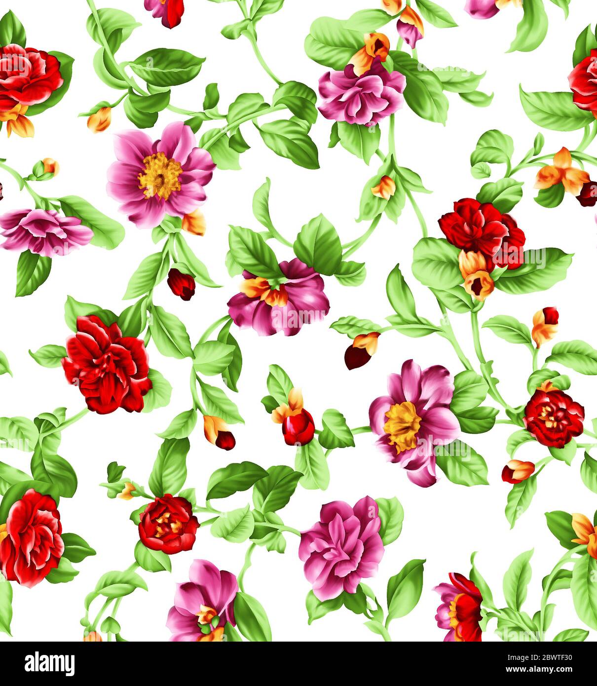 Seamless pattern with spring flowers and leaves. Hand drawn background ...