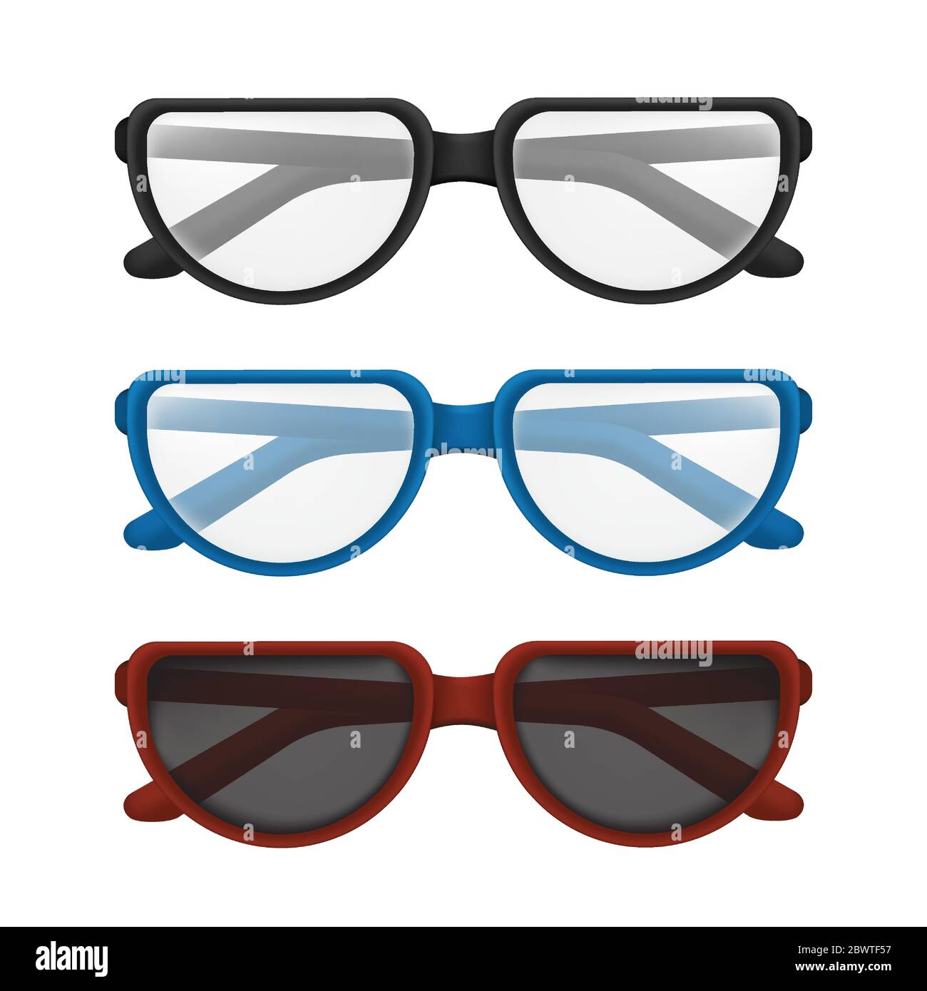 Folded glasses set with colorful frames - black, blue, red. Vector illustration of elegant classic eyewear for reading or sun protection with transpar Stock Vector
