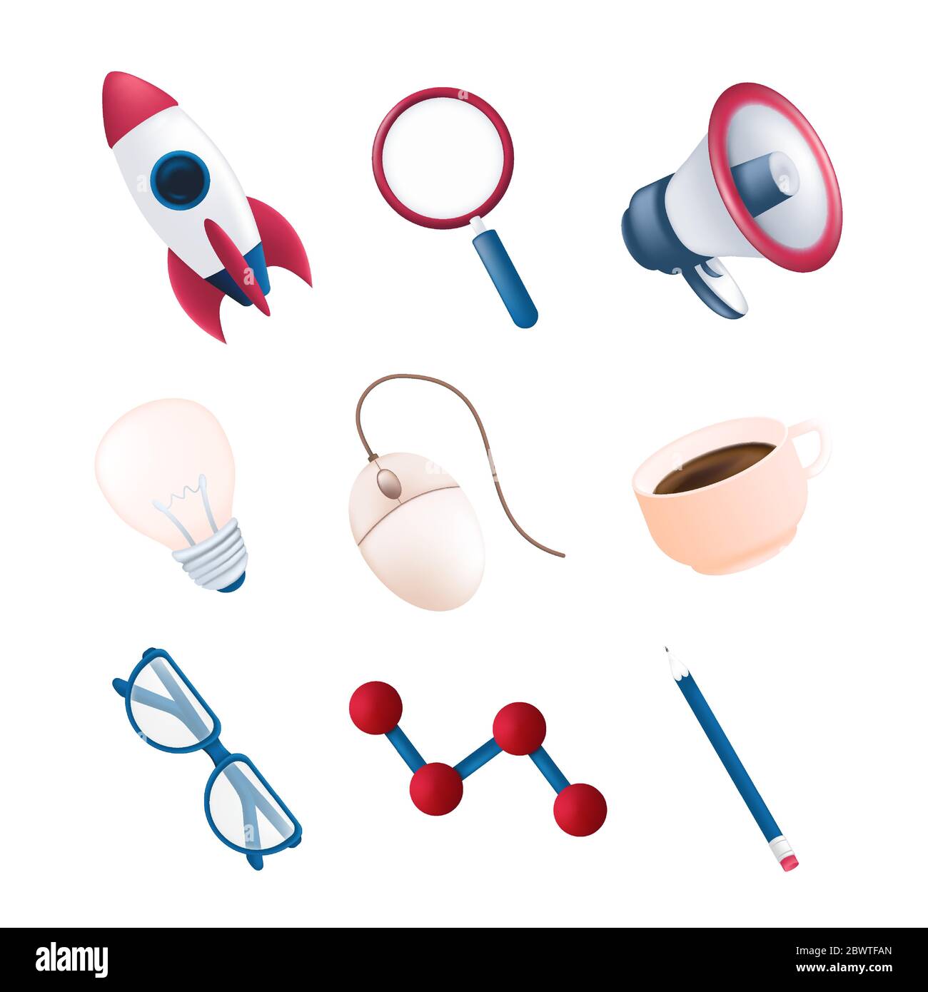 Vector stationery or office items set with flying rocket, science element, megaphone, magnifying glass, computer mouse, coffee mug, pencil, light bulb Stock Vector