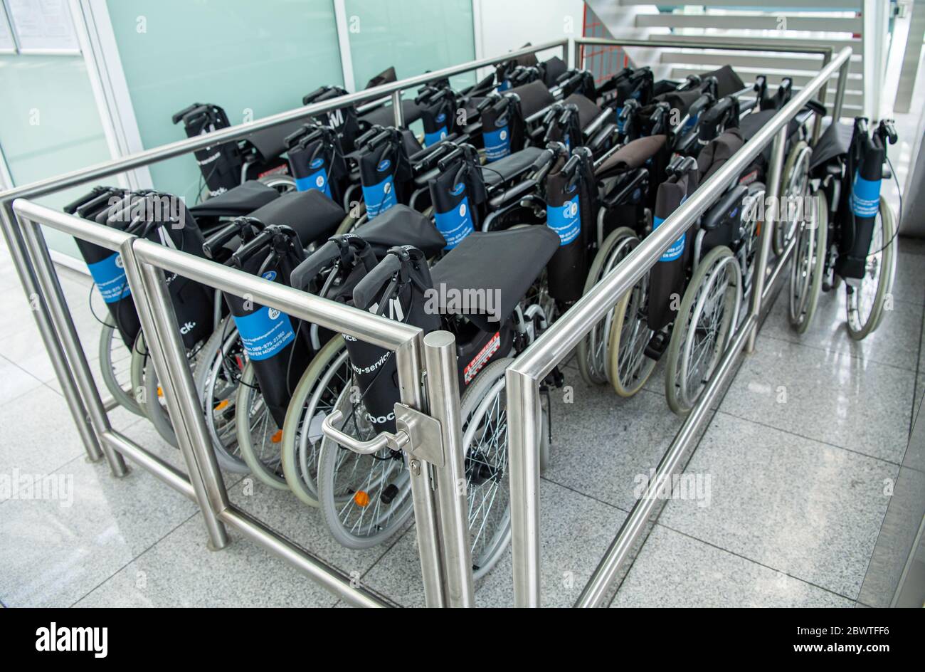 Munich, Germany. 03rd June, 2020. Various airport wheelchairs are