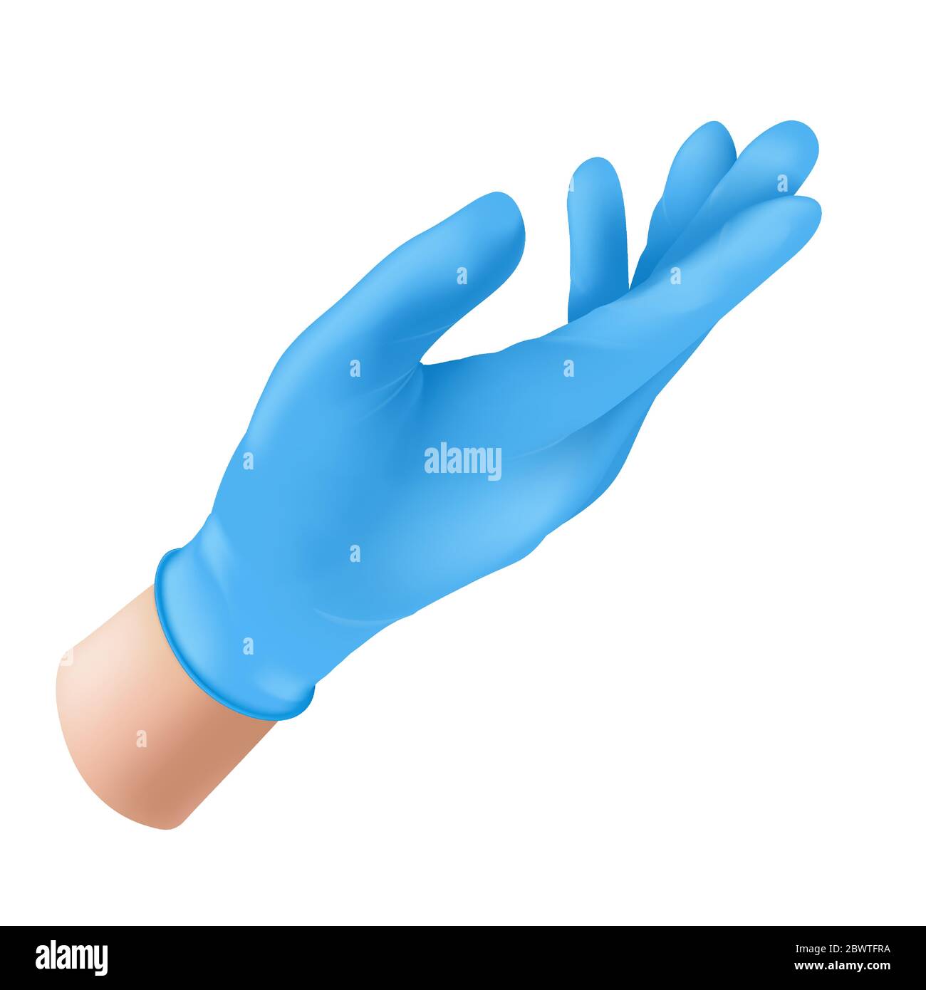 Human hand wearing blue latex medical glove. Realistic vector illustration of sterile rubber protective hygiene equipment for nurse or surgery doctor Stock Vector
