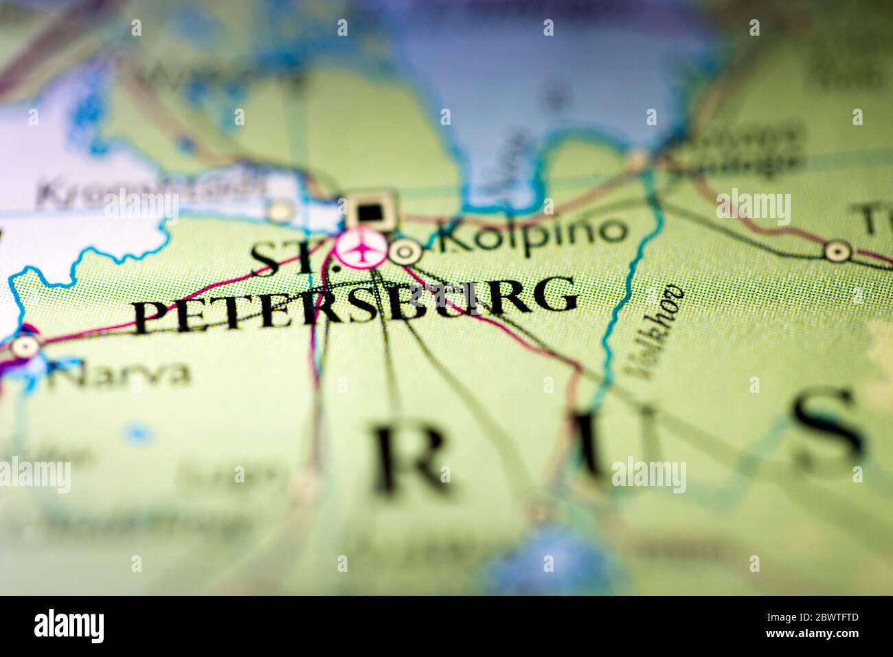 Shallow depth of field focus on geographical map location of Saint