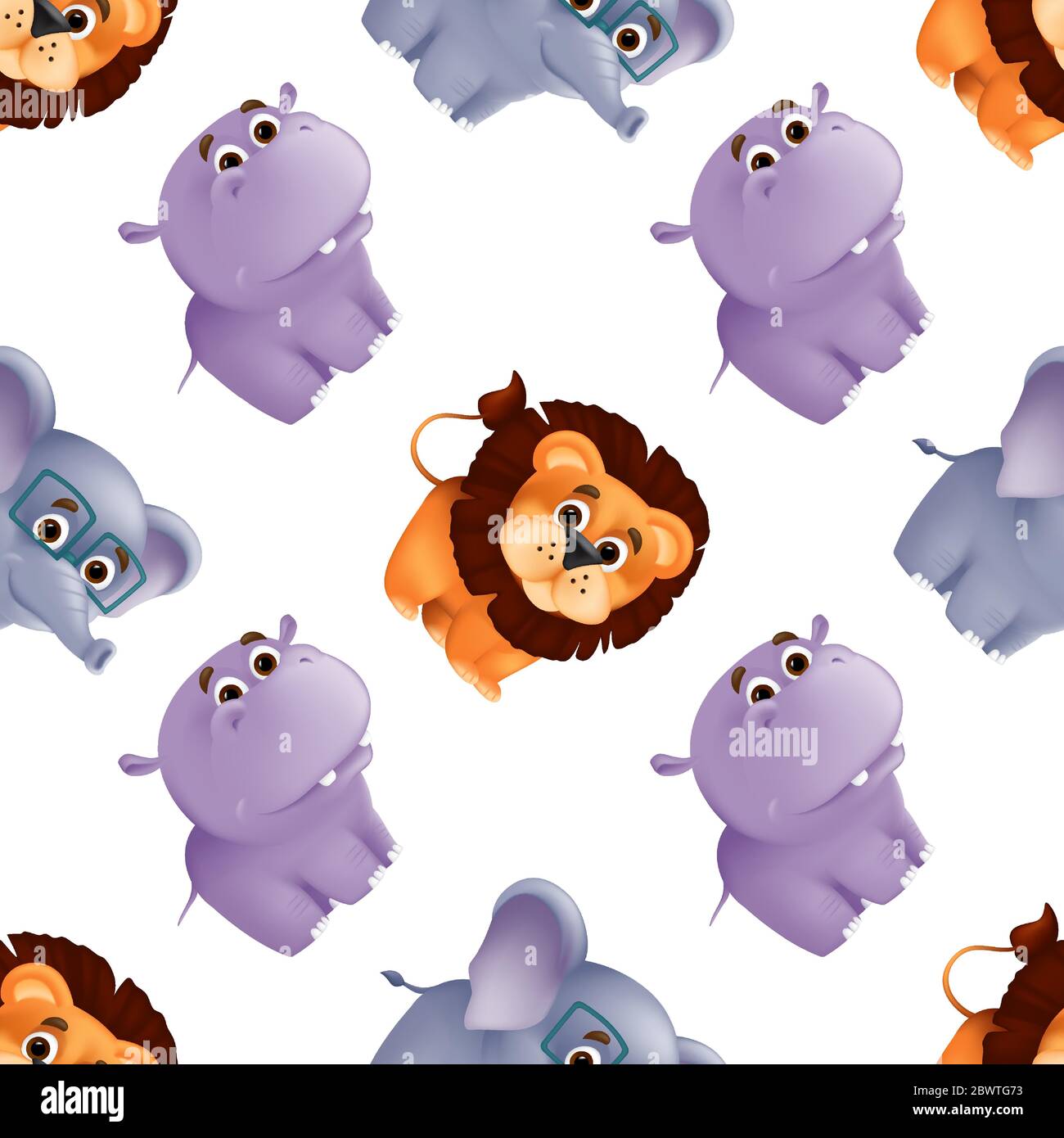 Zoo animals seamless pattern with cute baby lion, hippo and elephant ...