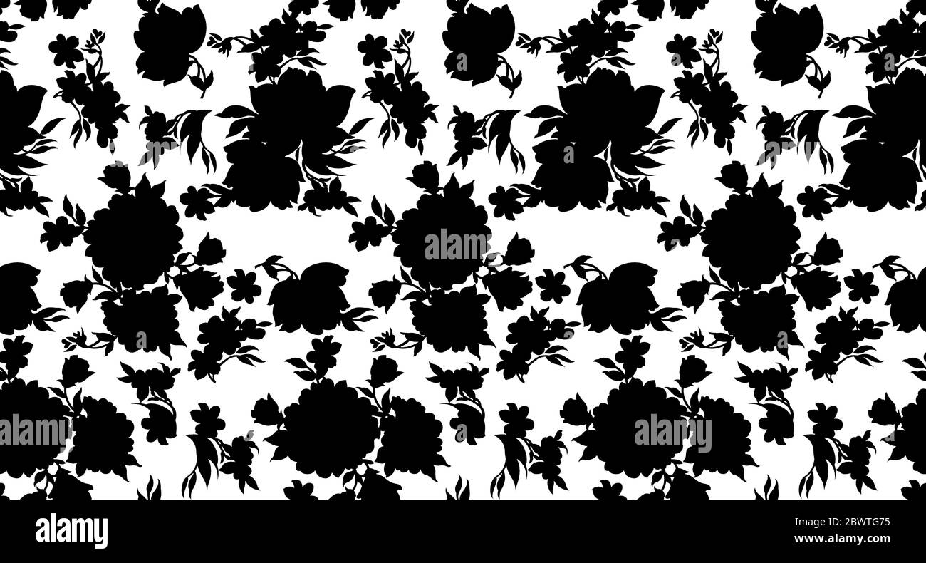 Floral seamless pattern with different flowers and leaves. Black and ...