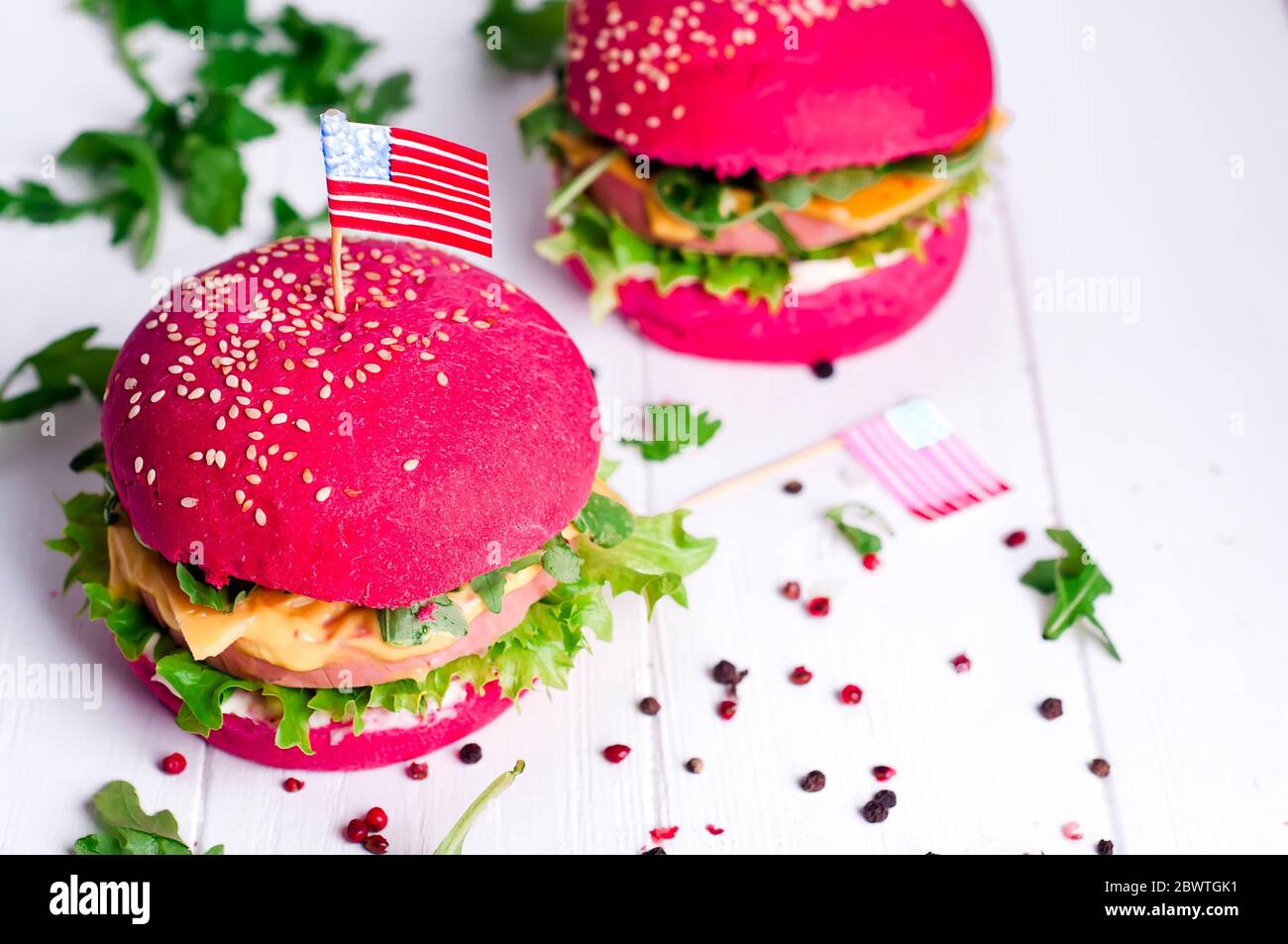 American grilled hamburger with USA flag. 4th of July. Independence day. Stock Photo