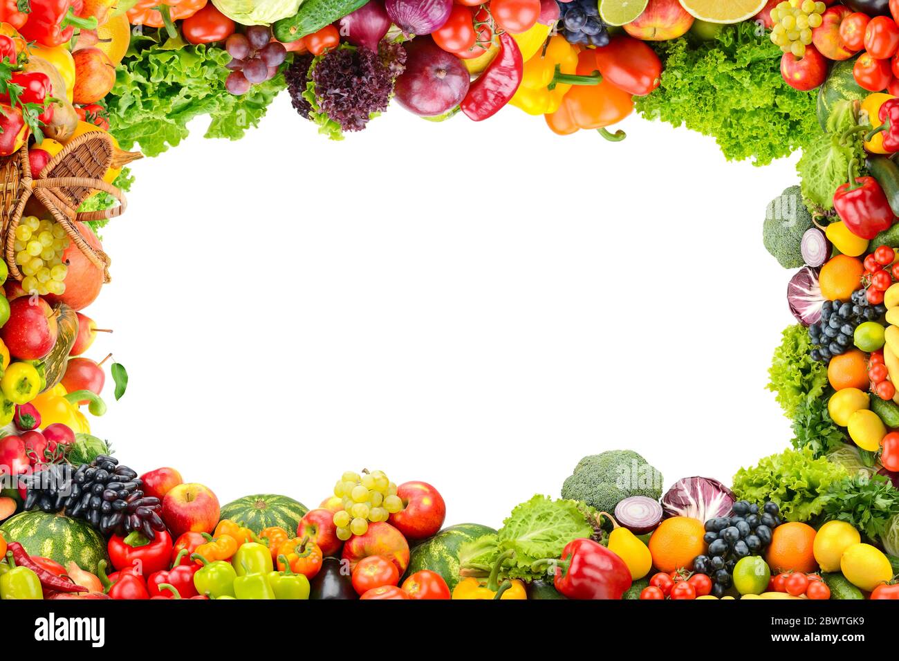Collage fresh and healthy vegetables and fruits in form frame isolated on white background. Free space. Stock Photo
