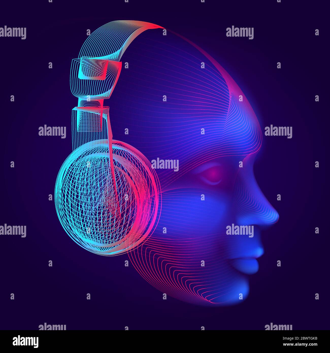 Neon cyber dj or robot head with outline electronic headphones wireframe. Artificial intelligence vector illustration with abstract human face in tech Stock Vector