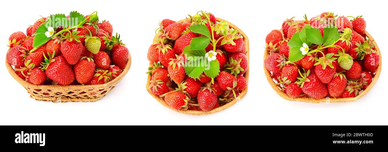 Collection bright red strawberries with green leaves and flowers isolated on white background Stock Photo