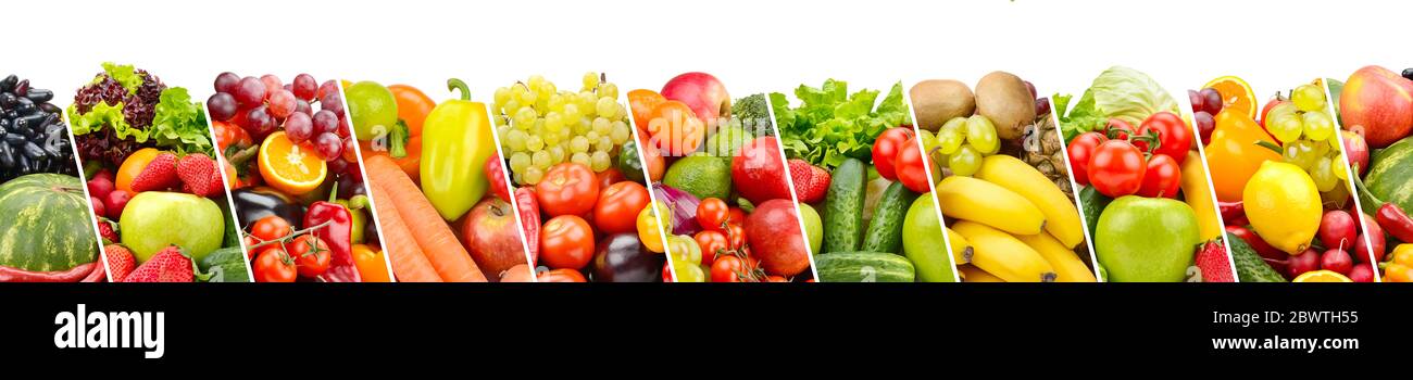 Fruits, vegetables, berries separated sloping lines isolated on white background. Wide panorama Stock Photo