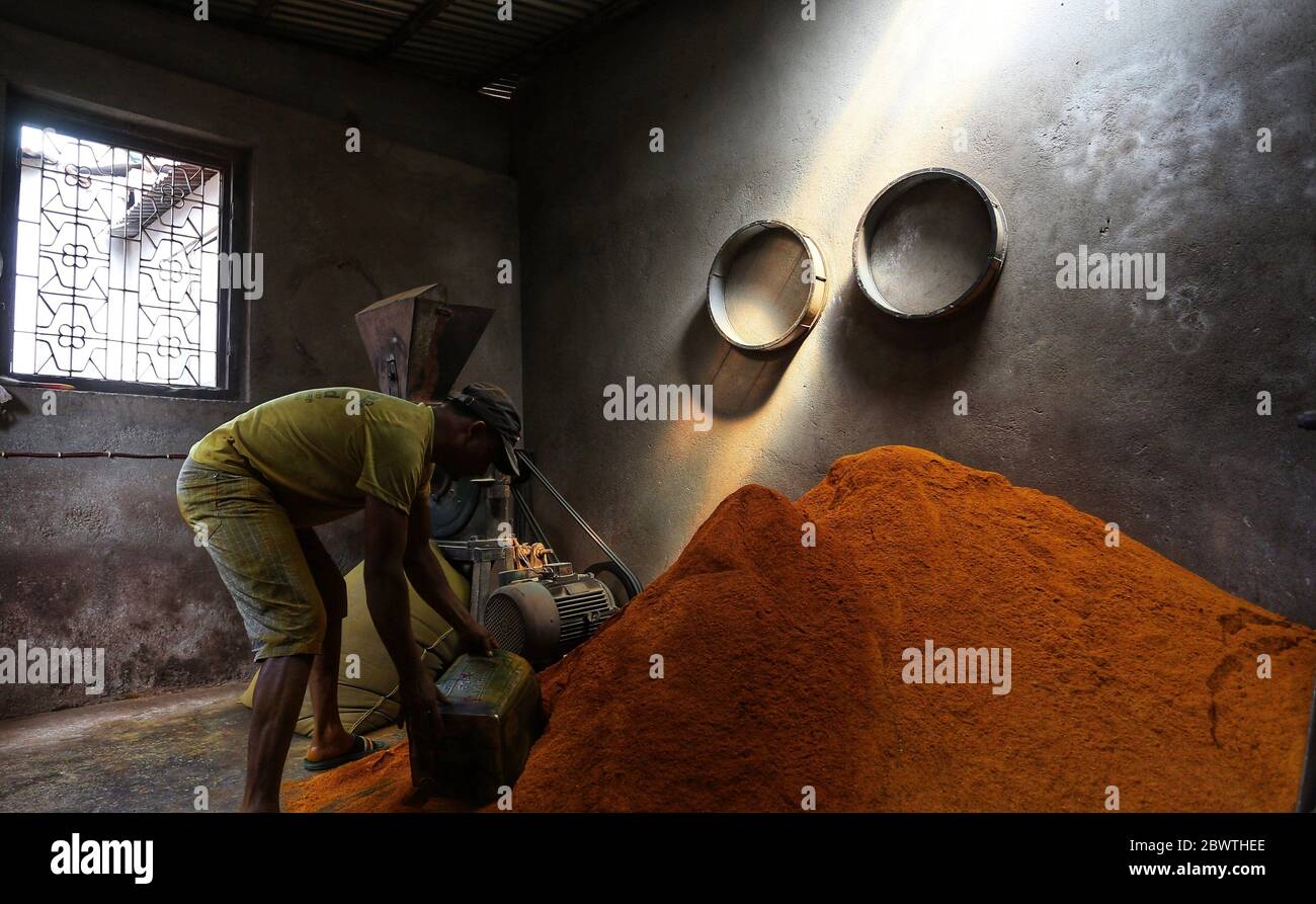 Kathmandu, Nepal. 3rd June, 2020. A man collects turmeric powder after grinding for further processing at a mill during nationwide lockdown amid COVID-19 outbreak in Kathmandu, capital of Nepal on June 3, 2020. Credit: Sunil Sharma/ZUMA Wire/Alamy Live News Stock Photo