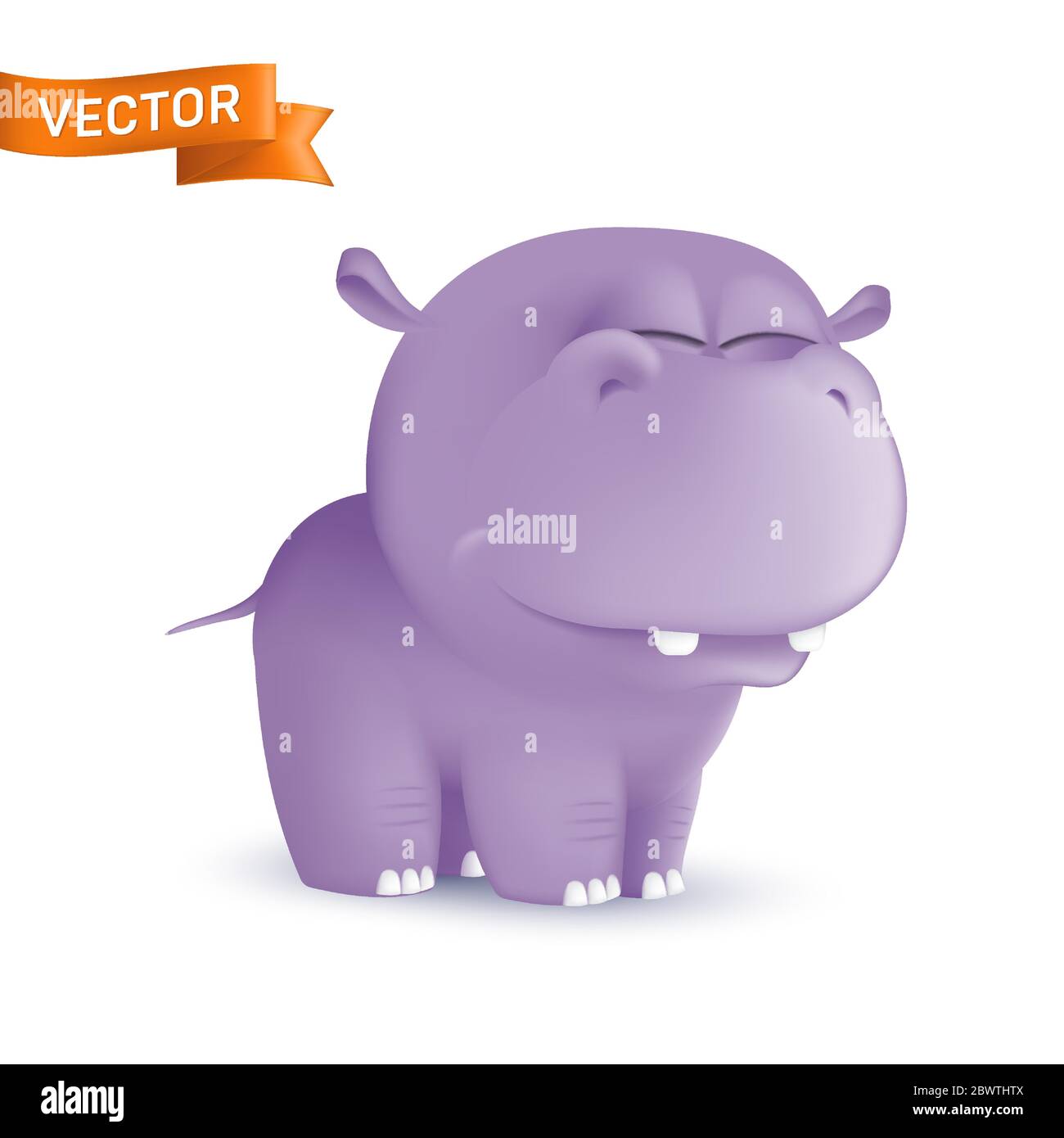 Cute standing and squinting cartoon baby hippo character. Vector illustration of an african wildlife mascot newborn animal isolated on white backgroun Stock Vector