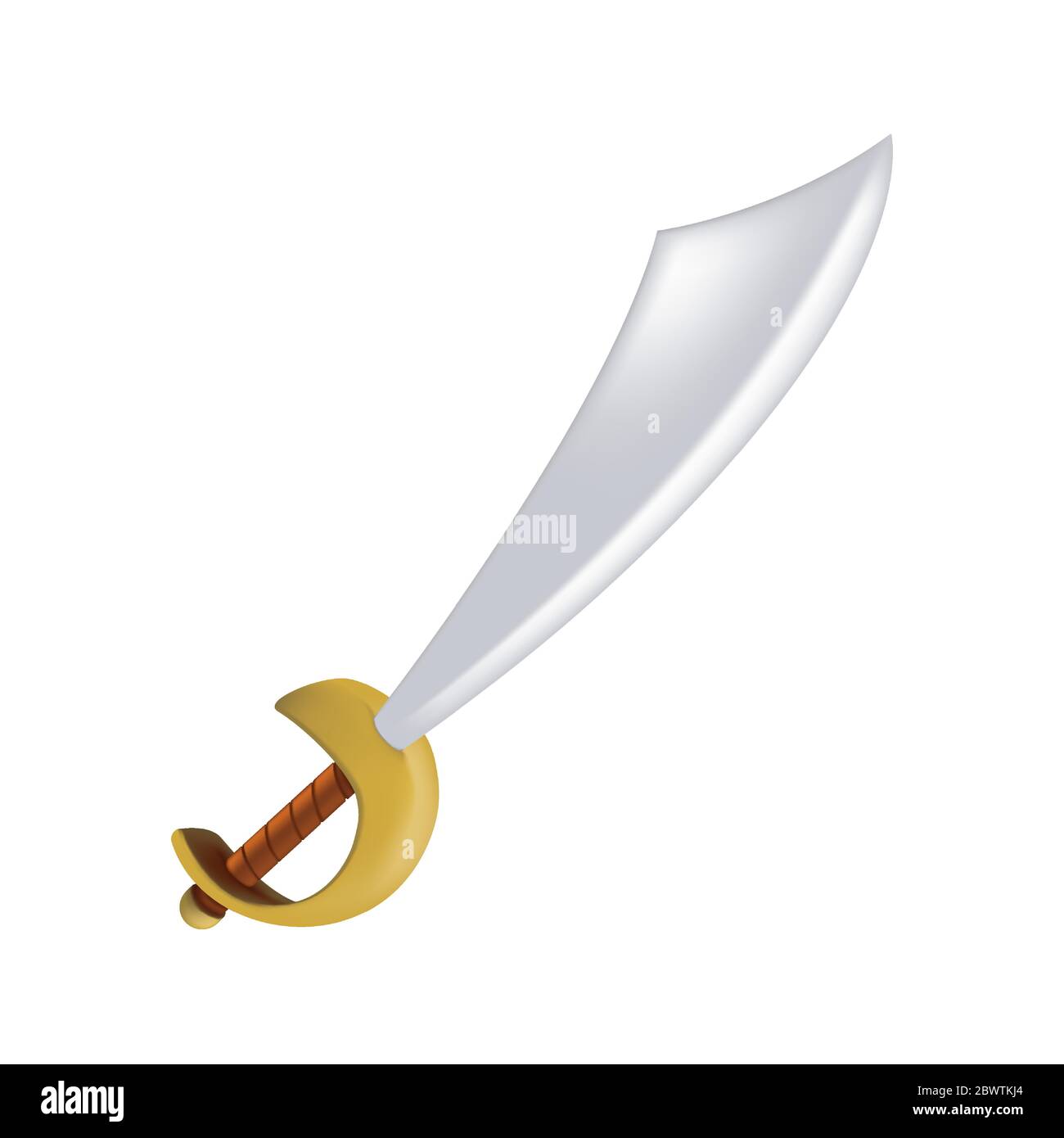 Antique pirate sabre with golden grip and steel blade. Vintage vector illustration of antique curve armed handle sword or sea bandit metal weapon isol Stock Vector