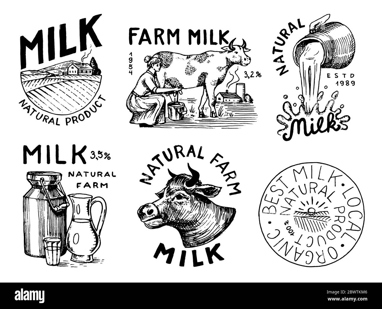 Milk set. Cow and woman farmer, milkmaid and jug and bottles, packaging and meadow. Vintage logo for shop. Badge for t-shirts. Hand Drawn engrave Stock Vector