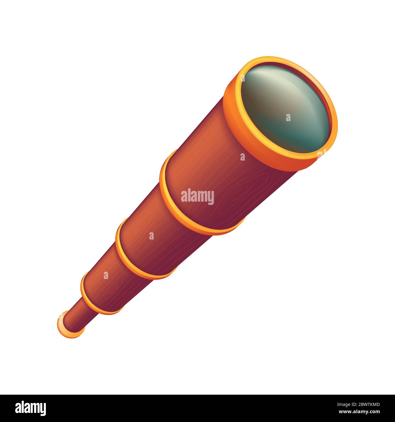 Spyglass or retro tube with brown wooden texture for marine travel, adventure and voyage. Vector illustration of antique pirates telescope for old sai Stock Vector