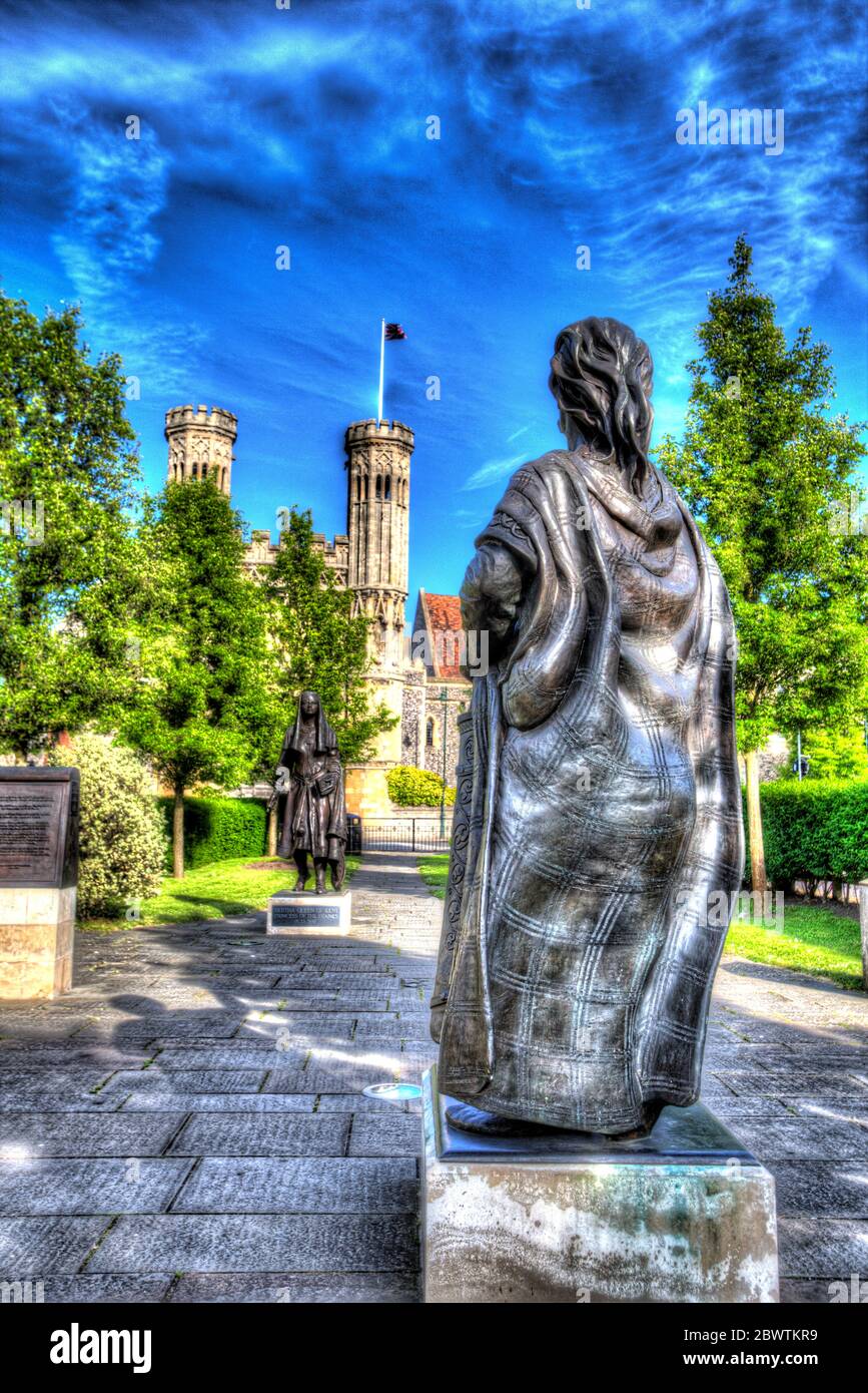 City of Canterbury, England. Artistic view of Canterbury’s Lady Wootton’s Green, with the statue of Queen (Saint) Bertha in the foreground. Stock Photo
