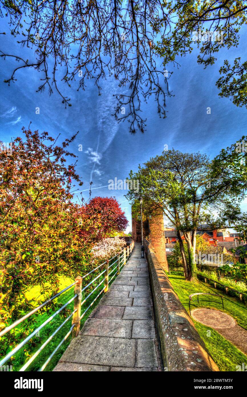 City of Chester, England.  Artistic View of Chester City Walls, with the historic Phoenix Tower in the background. Stock Photo