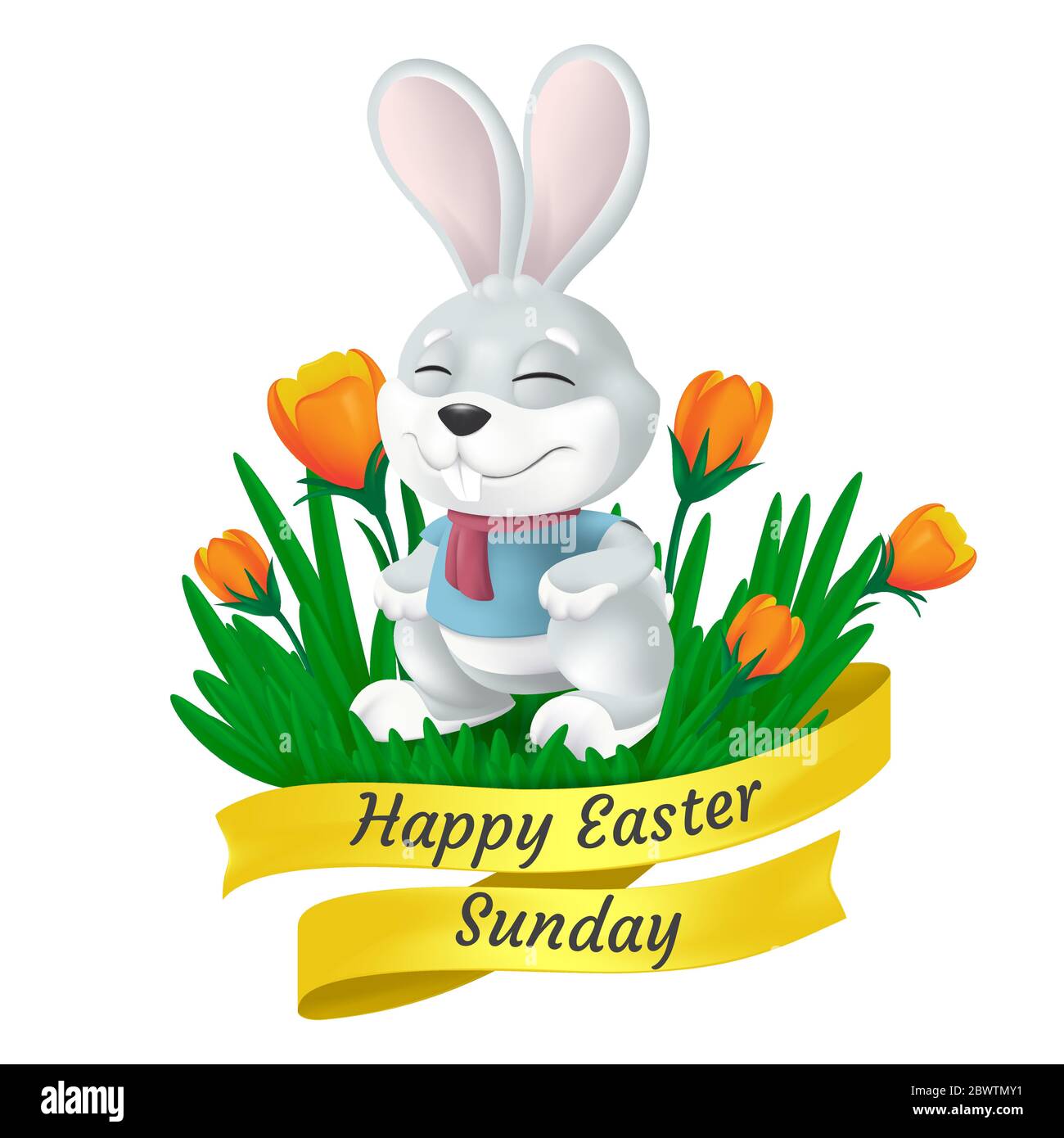 Happy Easter Sunday golden ribbon with cute bunny and tulip flowers  isolated on white background. Vector illustration of squinting and smiling  grey ra Stock Vector Image & Art - Alamy
