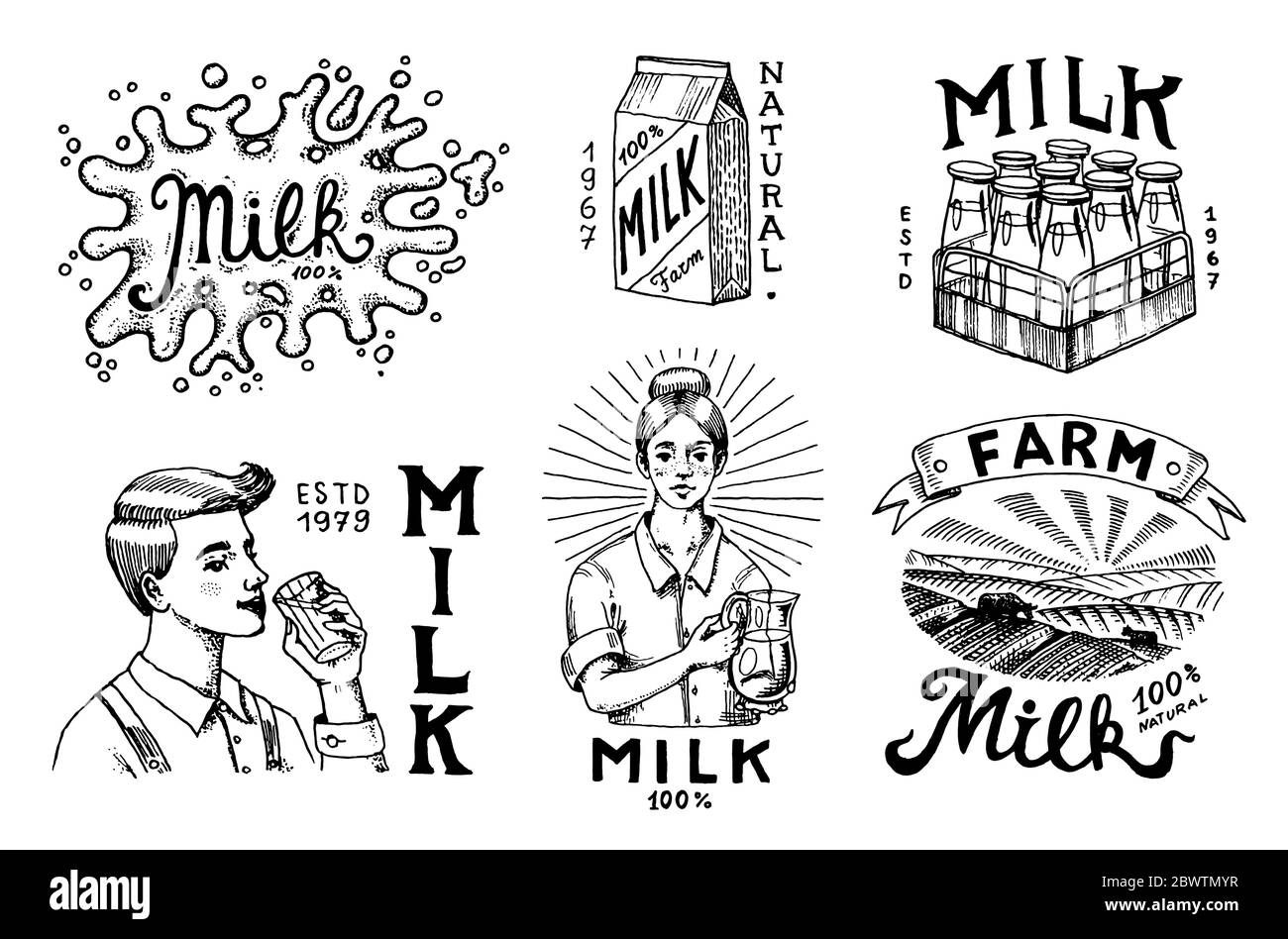 Milk set. Cow and woman farmer, milkmaid and blot and bottles, packaging and meadow, man holds a glass. Vintage logo for shop. Badge for t-shirts Stock Vector