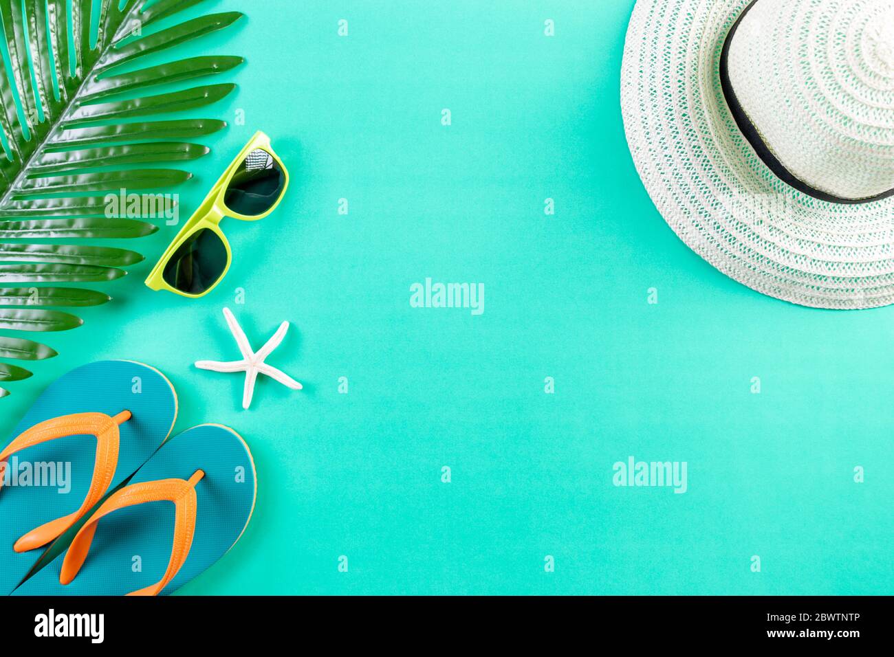 Beach, sunglasses, flip flop starfish beach hat and sea shell on green