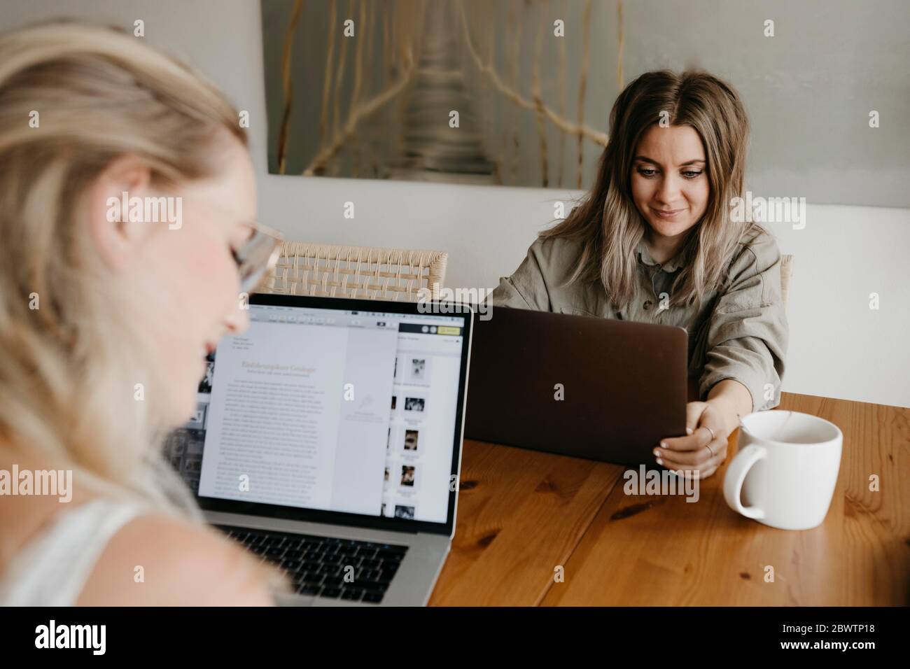 Friends working on laptops while sitting at table in home office during lockdown Stock Photo