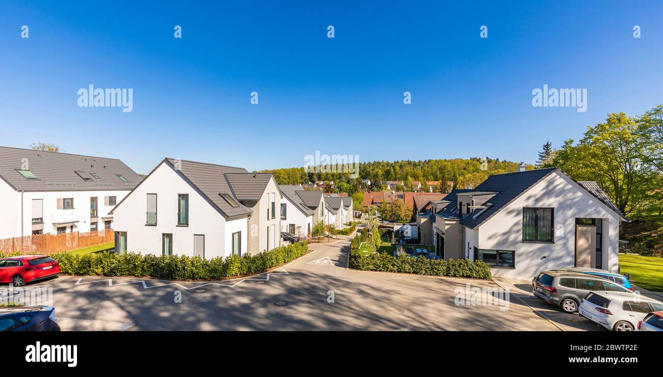 Germany, Baden-Wurttemberg, Leinfelden-Echterdingen, Clear sky over modern suburb Stock Photo