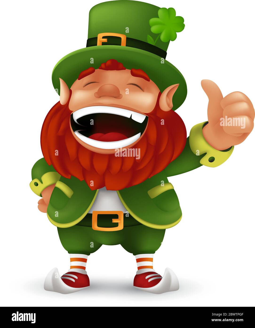 Cute cartoon Leprechaun character laughing and giving thumbs up to Happy Saint Patrick's Day