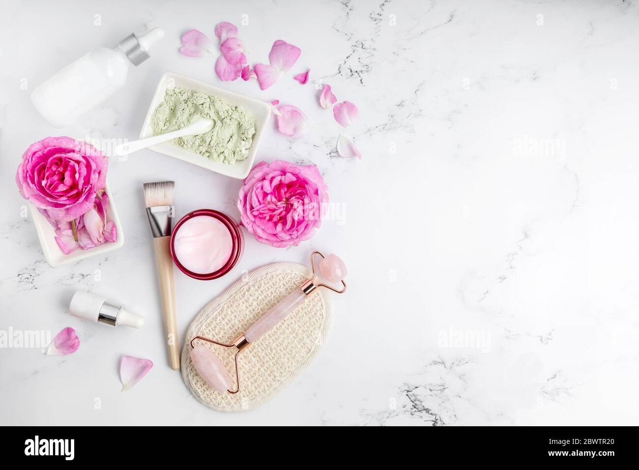 eco friendly cosmetic massager, facial oil,face cream, mask, body lotion,  bath salt. body and face care tools and accessories on marble background.  to Stock Photo - Alamy