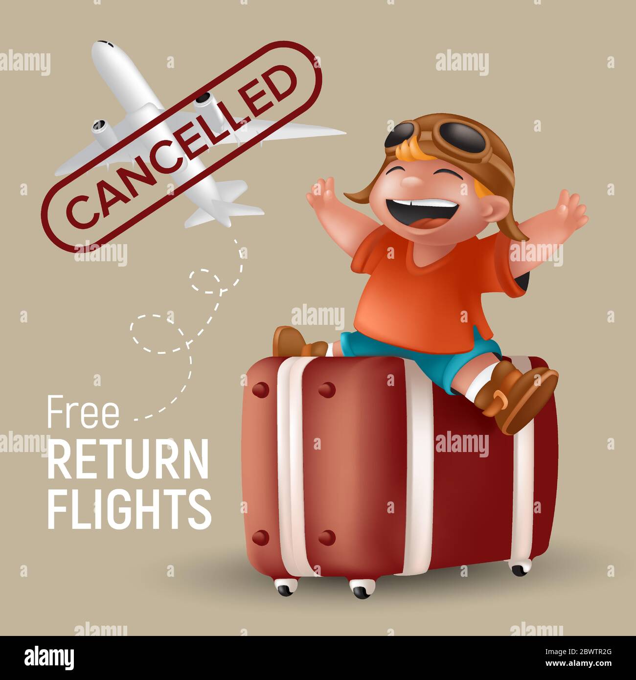 Free return flight vector illustration with airplane and cartoon little boy in orange tshirt and pilot glasses sitting with raising hands on brown sui Stock Vector
