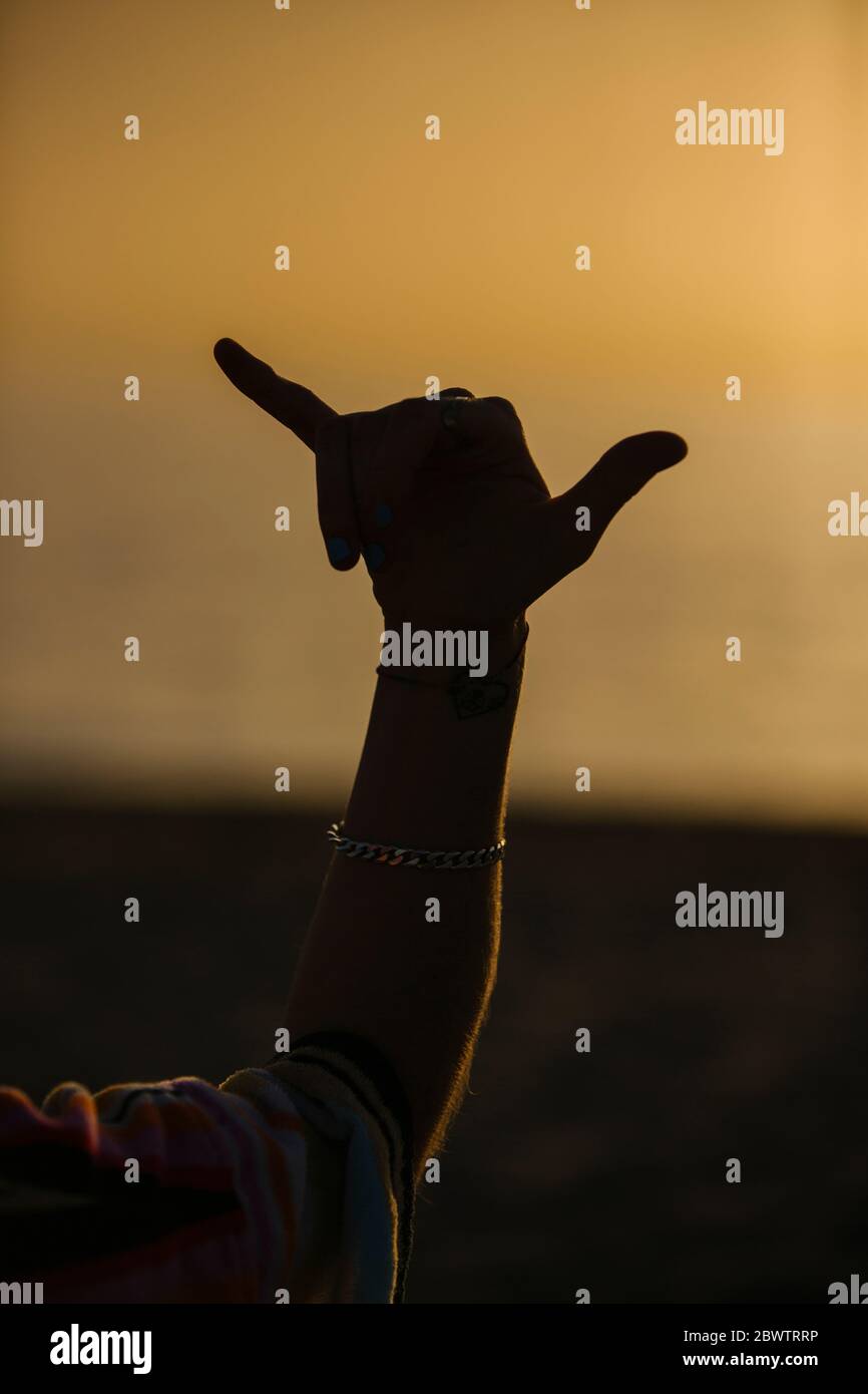 Silhouette of hand showing shaka sign Stock Photo