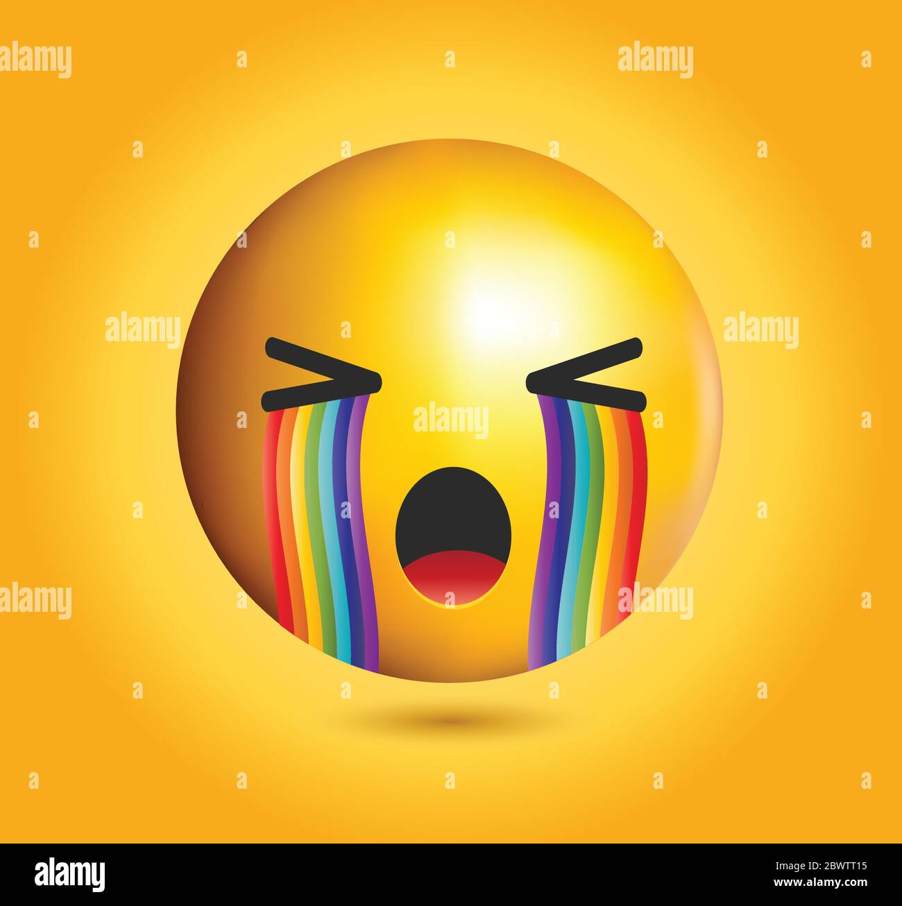 High quality emoticon vector illustration on yellow gradient background. Emoji crying with rainbow tears.Yellow face crying emoji. Stock Vector