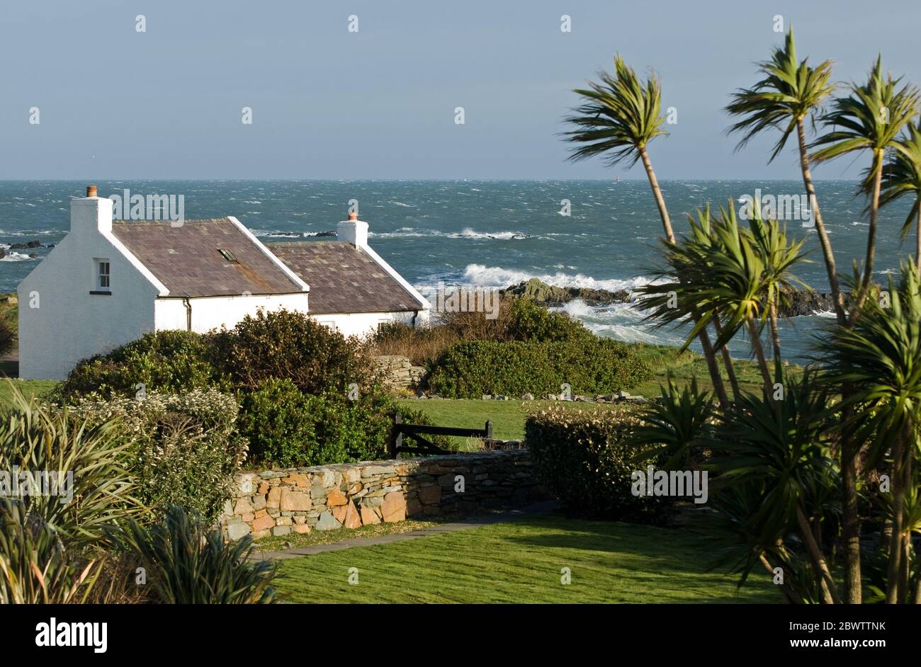 Irish cottage in Kearney Village overlooking Irish Sea,  Ards Peninsula, Co Down, Northern Ireland Stock Photo