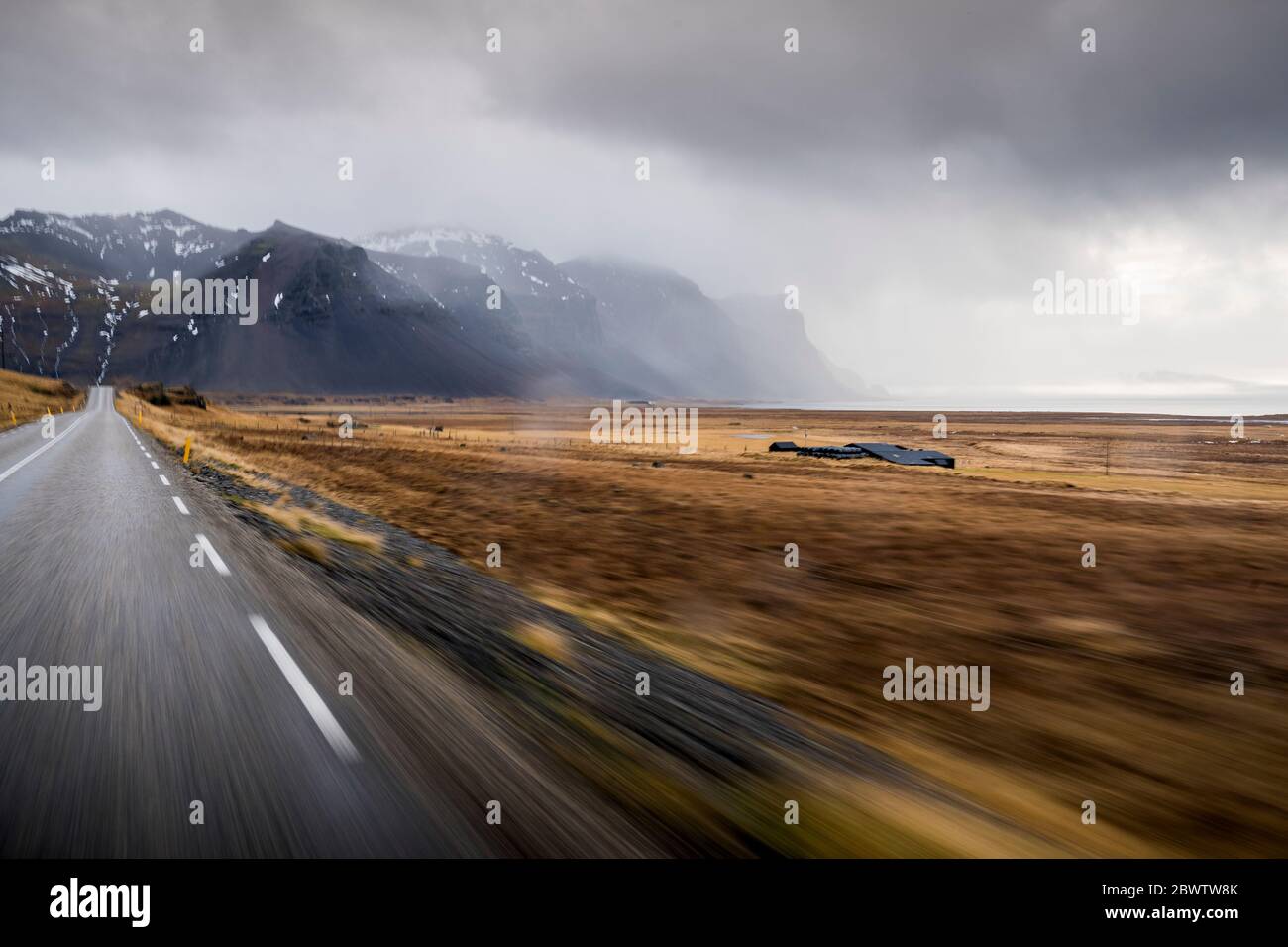 Iceland, Blurred motion of Route 1 highway Stock Photo