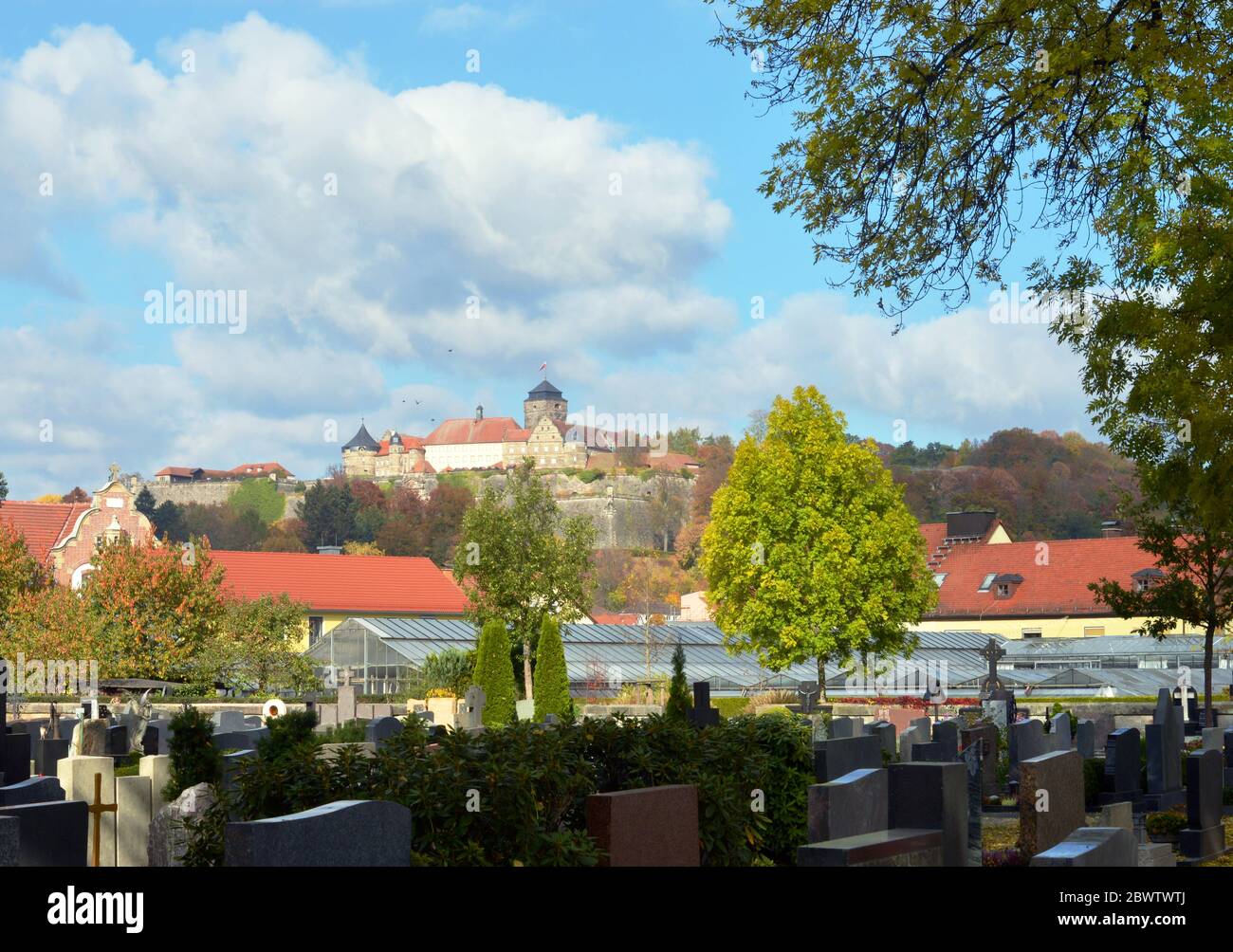 Kronach in bavaria, Germany view from the cementery to the fortress Rosenberg Stock Photo