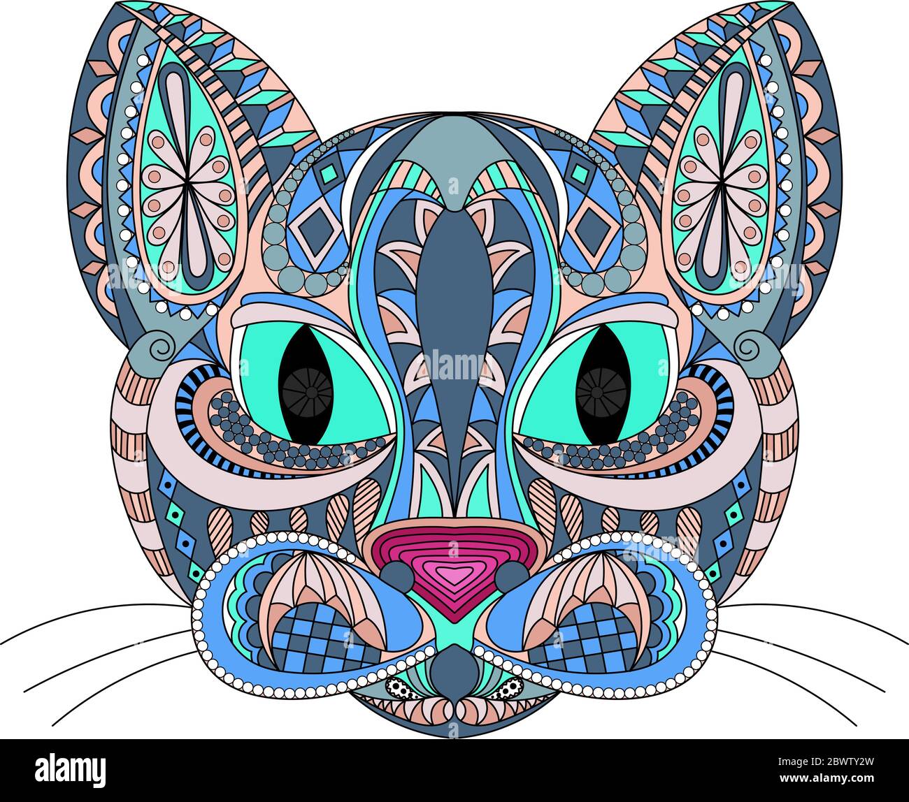 cat face doodle. color stylized cat, ornament. coloring book page for adult. Vector illustration. Hand drawn artwork Stock Vector