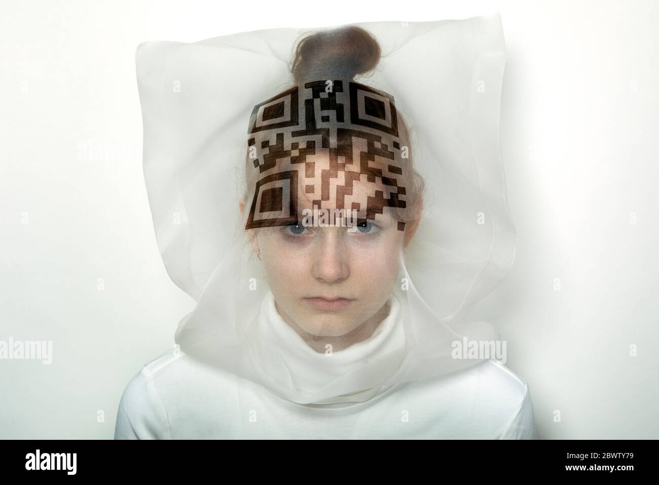 Portrait of teenage girl wearing transparent mask with QR Code Stock ...