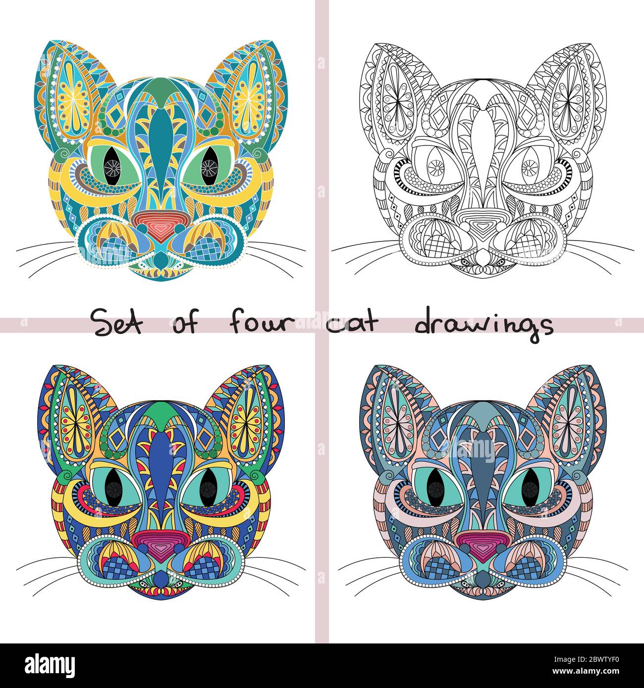 Download Set Of Four Cat Face Doodle Color Stylized Cat Ornament Coloring Book Page For Adult Vector Illustration Hand Drawn Artwork Stock Vector Image Art Alamy