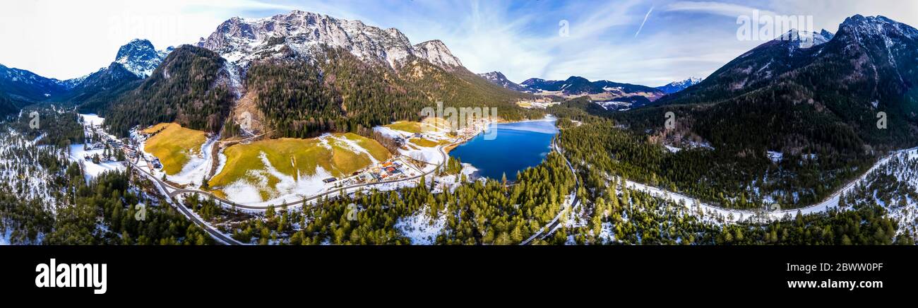 Germany, Bavaria, Ramsau bei Berchtesgaden, Helicopter view of Hintersee lake and Reiter Alpe range at winter dawn Stock Photo