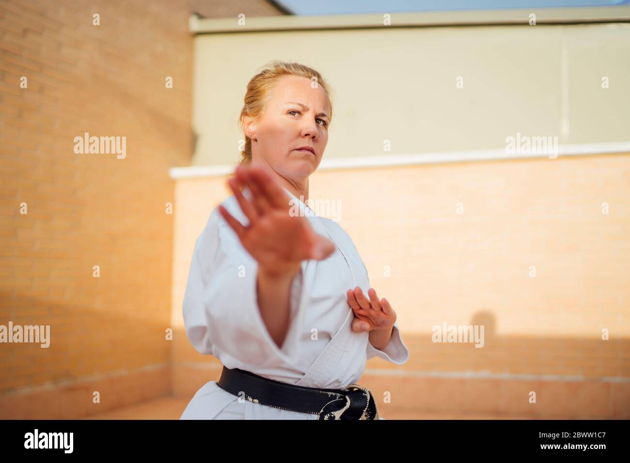 Female karate expert practicing fighting position Stock Photo
