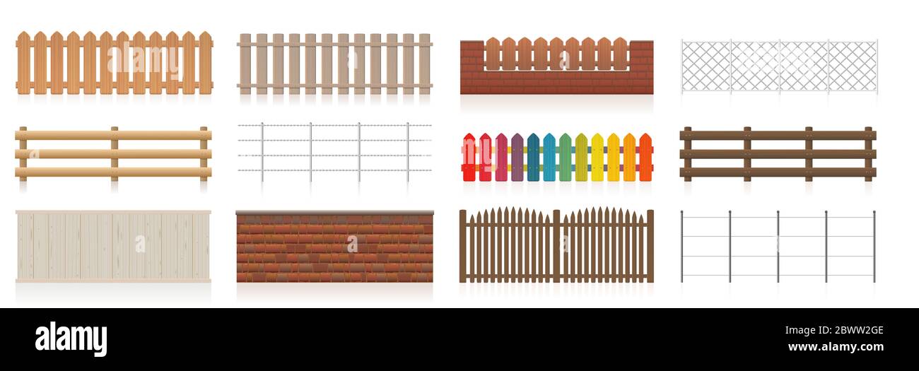 Fences set. Different fences like wooden, garden, electric, picket, pasture, wire fence, wall, barbwire and other railings. Stock Photo