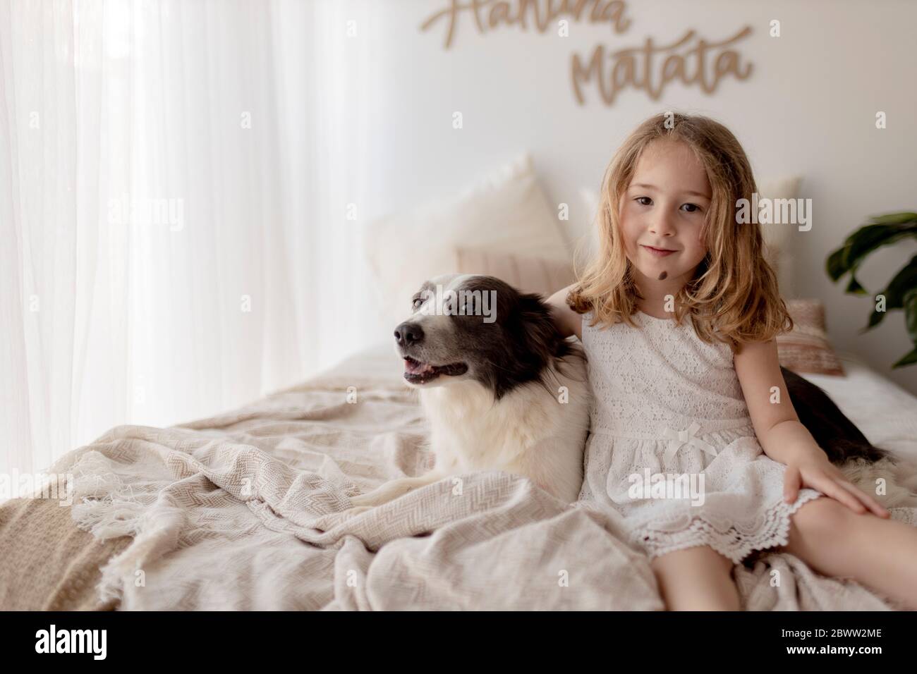 Portrait of little girl sitting on bed with her dog Stock Photo - Alamy