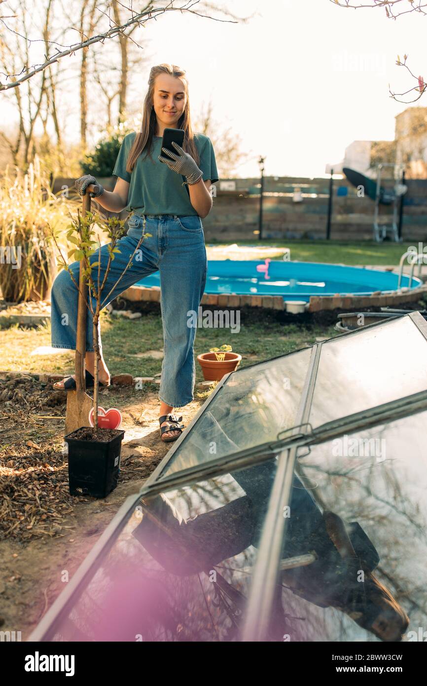 Young woman using smartphone in garden at self-made greenhouse Stock Photo