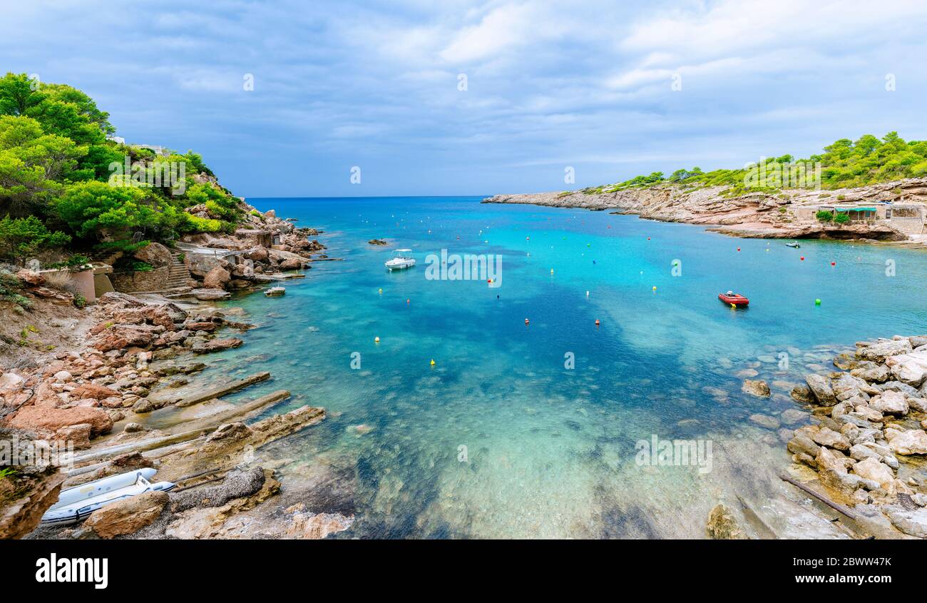 Bay with view to the sea, Ibiza, Spain Stock Photo