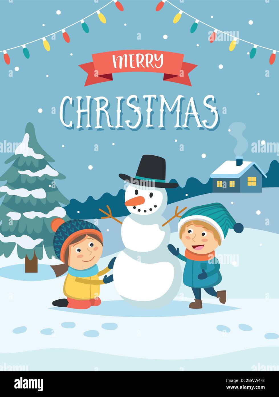 Christmas greeting card with children playing outdoors in the snow ...