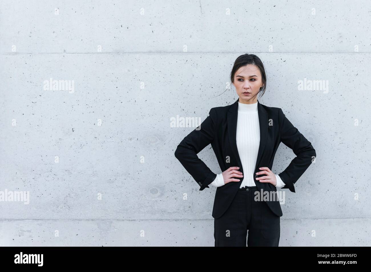 Happy Relaxed Elegant Business Woman Walking and Buttoning Black Suit.  Stock Image - Image of female, achievement: 142198409