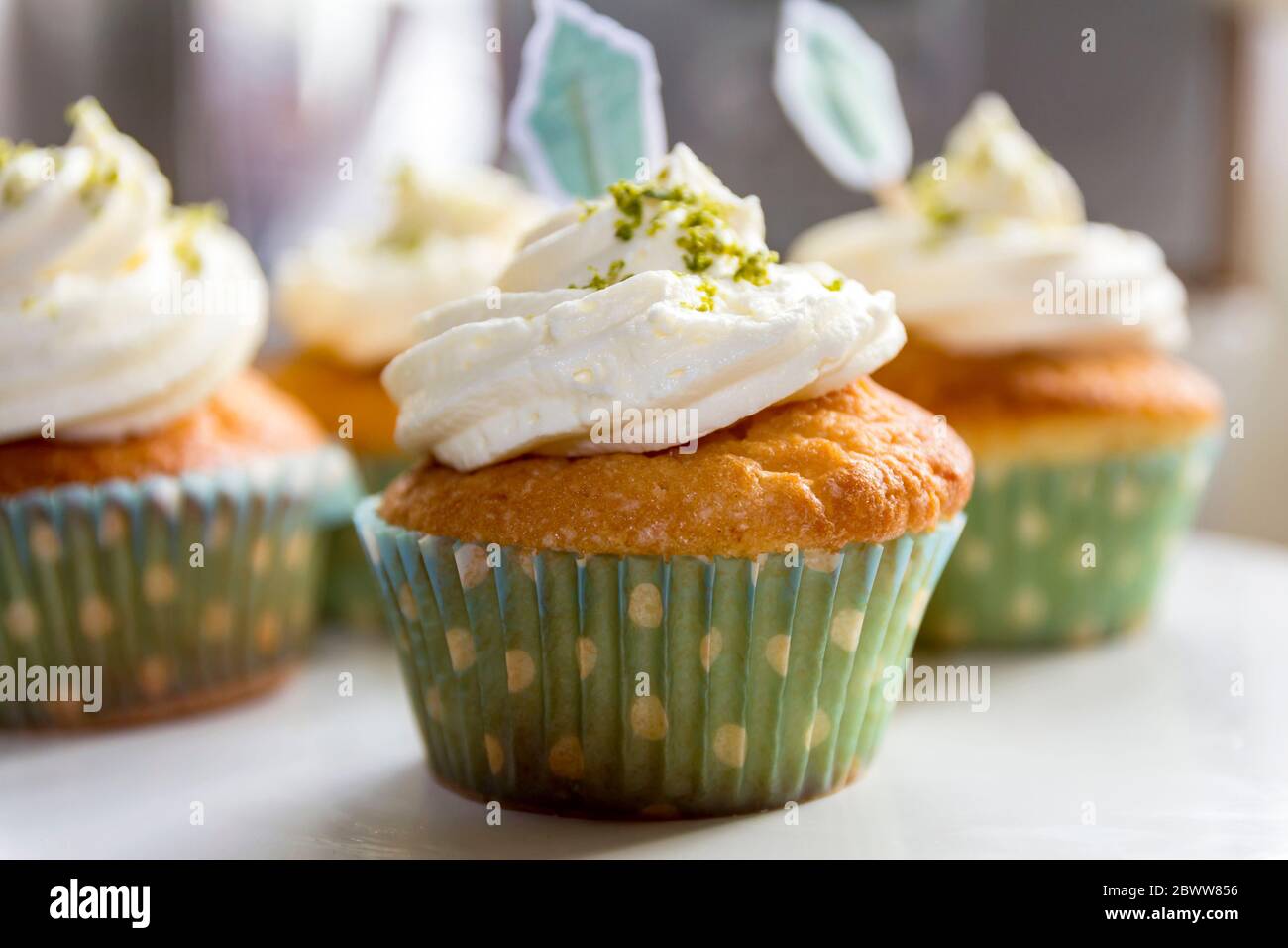 Cup Cake with Lime Icing  and Lime Zest on the Icing and Cake Flags Stock Photo