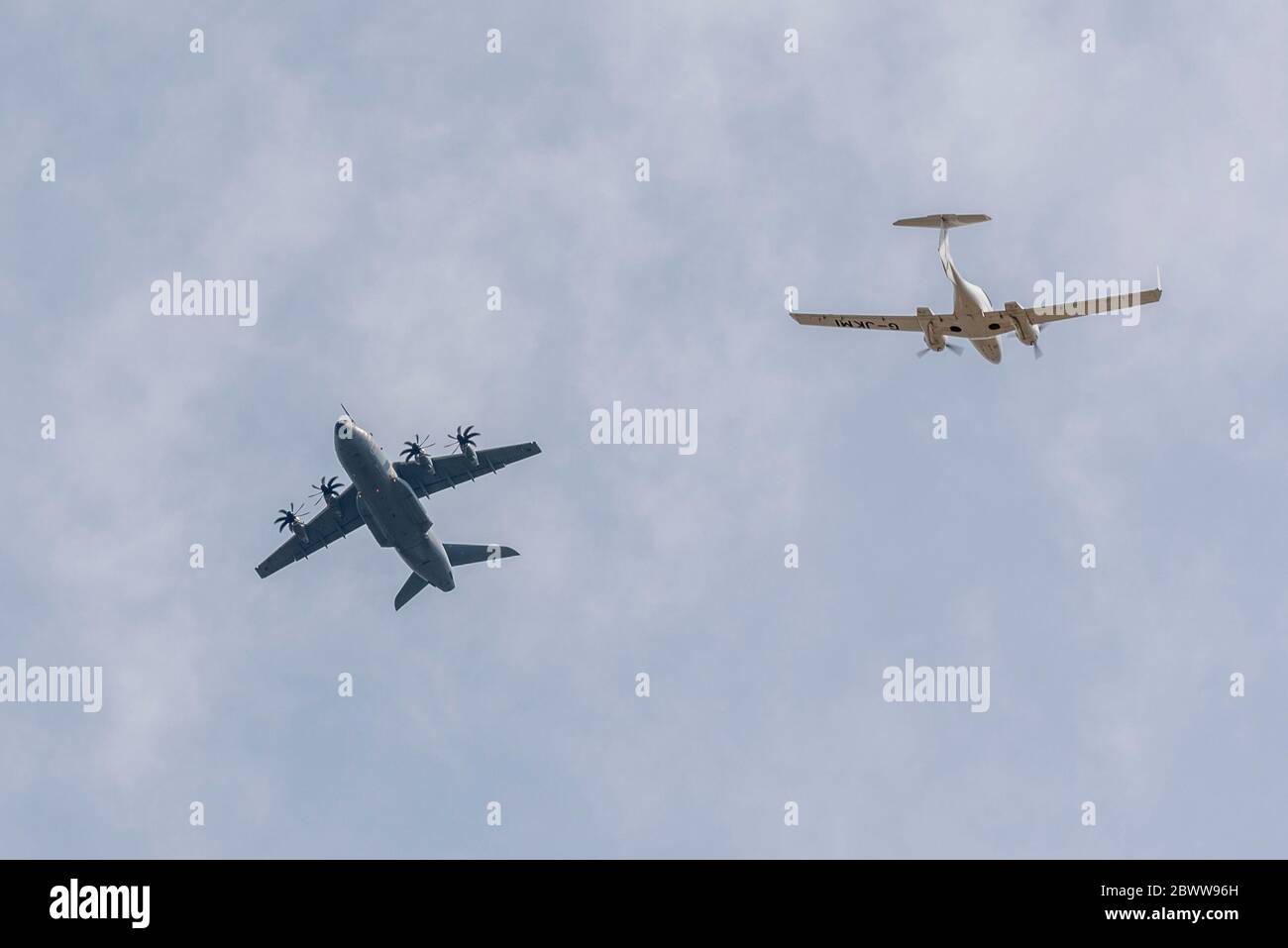 Royal Air Force Airbus A400M Atlas transport plane flying over a ...