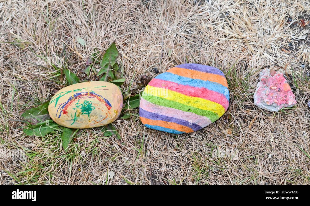 Brighton UK 3rd June 2020 - A COVID-19 Rock Snake has been created with hundreds of painted pebbles by children in Lockwood Park Woodingdean near Brighton  . Rock snakes have appeared around the country during the coronavirus COVID-19 pandemic crisis some thanking the NHS and Key Workers . Credit: Simon Dack / Alamy Live News Stock Photo